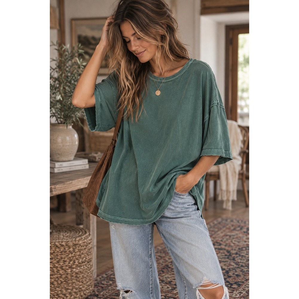 We The Free Free People Perfect Oversized Tee Green Washed Cotton Medium